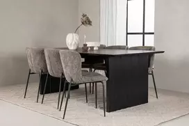 Venture Design Valgomojo stalo ir kėdžių komplektas Vail ir Modesto juodos ir pilkos spalvos MDF ir bouclé