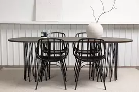 Venture Design Valgomojo stalas ir kėdžių komplektas, akmens valgomojo stalas ir Dyrön kėdės, 220x100 cm, juoda ruda MDF faneruotė ir metalas