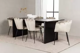 Venture Design Valgomojo stalo ir kėdžių komplektas Vail ir Limhamn juodos ir smėlio spalvos MDF ir aksomas
