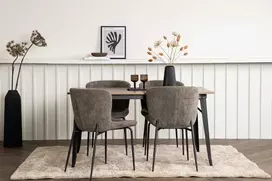 Venture Design Valgomojo komplektas Tempe valgomojo stalas ir Modesto valgomojo kėdė Juodasis graikinis riešutas, smėlio spalvos MDF, bouclé, metalas
