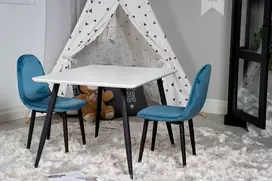 Venture Design Valgomojo stalo ir kėdžių komplektas 80x60 cm baltas mėlynas aksomas