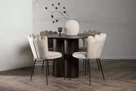 Venture Design Valgomojo stalas ir kėdžių komplektas Olivia valgomojo stalas ir Limhamn šviesi kėdė 110 cm juoda smėlio spalvos veliūras