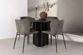 Venture Design Valgomojo komplektas Olivia valgomojo stalas ir Modesto valgomojo kėdės juodos spalvos pilkai mėlynas audinys