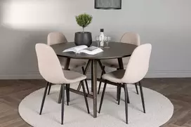 Venture Design Valgomojo komplektas Kaseidon apvalus valgomojo stalas ir Polar valgomojo kėdės 100 cm juoda smėlio spalvos guminė mediena MDF