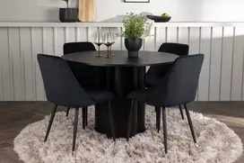Venture Design Valgomojo komplektas Olivia valgomojo stalas ir naktinė valgomojo kėdė 110 cm juodas faneruotė aksomas