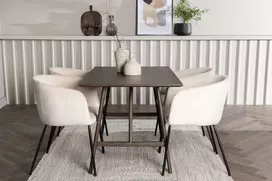 Venture Design Valgomojo stalo ir kėdžių komplektas Kaseidon valgomojo stalas ir Berit kėdė 120x80 cm ruda juoda smėlio spalvos mediena aksomas