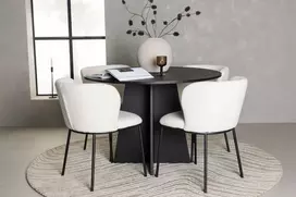 Venture Design Valgomojo komplektas Bootcut apvalus valgomojo stalas ir Edina valgomojo kėdės 110 cm juodos ir baltos spalvos MDF ir boucle audinys