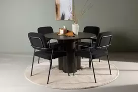 Venture Design Valgomojo komplektas Olivia valgomojo stalas ir Yesterday valgomojo kėdė 110 cm rudos ir juodos spalvos MDF ir bouclé audinys