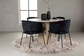 Venture Design Valgomojo komplektas Olivia valgomojo stalas ir Selma valgomojo kėdės 110 cm balta juodas aksomas