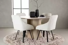 Venture Design Valgomojo komplektas Olivia valgomojo stalas ir Rosie valgomojo kėdė 110 cm balta smėlio juoda audinys