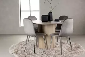 Venture Design Valgomojo komplektas Olivia valgomojo stalas ir Eva valgomojo kėdė 110 cm balta šviesiai pilkas veliūras