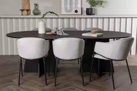Venture Design Valgomojo komplektas Bootcut ovalus valgomojo stalas ir Evelina valgomojo kėdė juodos ir šviesiai pilkos faneros bei aksomo