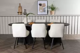 Venture Design Valgomojo komplektas Bootcut ovalus valgomojo stalas ir Rosie valgomojo kėdė 115x230 cm juoda smėlio spalvos audinys