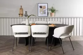 Venture Design Valgomojo komplektas Bootcut ovalus valgomojo stalas ir dieninė valgomojo kėdė 115x230 cm juoda balta linas