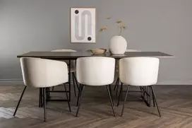 Venture Design Valgomojo komplektas Ystad valgomojo stalas ir Berit kėdė 100x220 cm juoda ruda smėlio spalvos veliūras