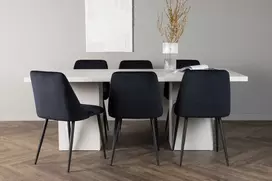 Venture Design Valgomojo stalas ir kėdžių komplektas Olga valgomojo stalas ir naktinė valgomojo kėdė 200x75 cm balta juodas aksomas