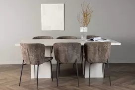 Venture Design Valgomojo komplektas Olga valgomojo stalas ir Modesto valgomojo kėdės 200x75 cm Balta Pilka Juoda Bouclé