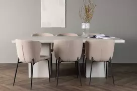 Venture Design Valgomojo komplektas Olga valgomojo stalas ir Modesto valgomojo kėdė 200x75 cm balta smėlio spalvos audinys