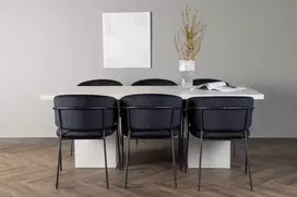 Venture Design Valgomojo stalas ir kėdžių komplektas Olga valgomojo stalas ir Selma valgomojo kėdė 200x75 cm balta juodas veliūras