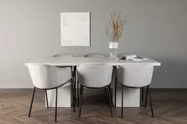 Venture Design Valgomojo stalas ir kėdžių komplektas Olga valgomojo stalas ir Evelina valgomojo kėdė 200x75 cm balta juoda šviesiai pilkas veliūras