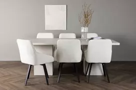 Venture Design Valgomojo komplektas Olga valgomojo stalas ir Rosie valgomojo kėdės 200x75 cm balta smėlio spalvos juoda audinys