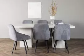 Venture Design Valgomojo stalo ir kėdžių komplektas Olga valgomojo stalas ir Rosie valgomojo kėdė 200x75 cm balta juoda tamsiai pilka audinys