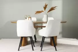 Venture Design Valgomojo stalas ir kėdžių komplektas Isolde valgomojo stalas 140x75 cm smėlio spalvos MDF audinys