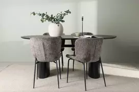 Venture Design Valgomojo stalas ir kėdžių komplektas Isolde valgomojo stalas 180x75 cm juodas MDF pilkas audinys