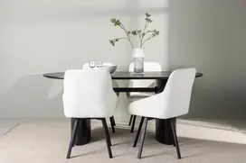 Venture Design Valgomojo stalas ir kėdžių komplektas Isolde valgomojo stalas ir Rosie valgomojo kėdės 180x75 cm juoda smėlio spalvos MDF audinys