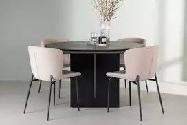 Venture Design Valgomojo stalo ir kėdžių komplektas Matilda valgomojo stalas 130 cm juodas Modesto valgomojo kėdė smėlio spalvos išskleidžiamas