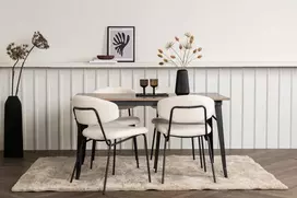 Venture Design Valgomojo stalo ir kėdžių komplektas Tempe valgomojo stalas ir Chico valgomojo kėdė juoda ir balta MDF ir bouclé