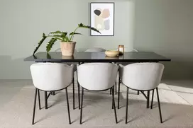 Venture Design Valgomojo stalo ir kėdžių komplektas Astrid valgomojo stalas ir Evelina valgomojo kėdė 200x75 cm juoda ir šviesiai pilka MDF ir aksomas