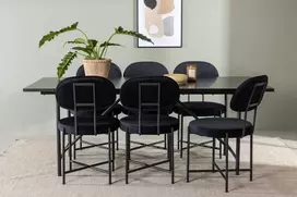 Venture Design Valgomojo komplektas Astrid valgomojo stalas ir Stella valgomojo kėdės 200x75 cm juodas MDF ir aksomas