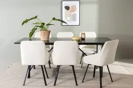 Venture Design Valgomojo komplektas Astrid valgomojo stalas ir Rosie kėdės 200x75 cm juoda smėlio spalvos audinys
