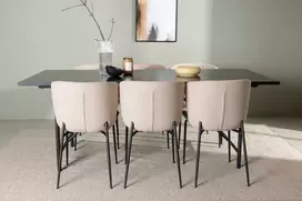 Venture Design Valgomojo komplektas Astrid valgomojo stalas ir Modesto valgomojo kėdės 200x75 cm juodos ir smėlio spalvos MDF ir bouclé