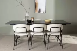 Venture Design Valgomojo komplektas Astrid valgomojo stalas ir Chico kėdės 200x75 cm juodas MDF Bouclé audinys