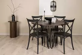 Venture Design Valgomojo stalas ir kėdžių komplektas, apvalus valgomojo stalas Stone, Crosett valgomojo kėdė, juodas faneruotas plastikas