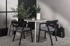 Venture Design Valgomojo komplektas apvalus stalas 90 cm baltas pilkos spalvos valgomojo kėdės juodos pilkos spalvos aliuminis pagalvėlė
