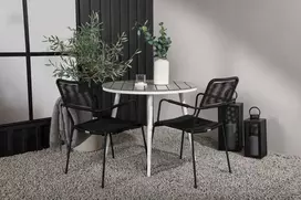 Venture Design Valgomojo komplektas apvalus stalas 90 cm baltas pilkas 2 foteliai juodi aliuminio virvė