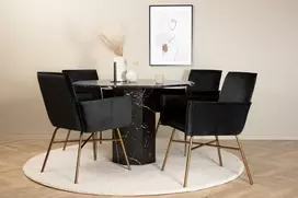 Venture Design Valgomojo stalas ir kėdžių komplektas Marbs apvalus valgomojo stalas ir Petra kėdė 110x75 cm juodas aksomas