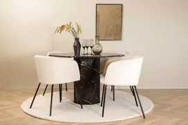 Venture Design Valgomojo stalas ir kėdžių komplektas Marbs apvalus valgomojo stalas ir Berit kėdė 110x75 cm juoda smėlio spalvos veliūras