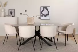 Venture Design Valgomojo stalo ir kėdžių komplektas Piazza valgomojo stalas ir Berit kėdė juoda pilka smėlio spalvos veliūras