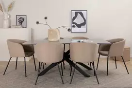 Venture Design Valgomojo stalas ir kėdžių komplektas Piazza valgomojo stalas ir Berit kėdė juoda ir pilka smėlio spalvos audinys