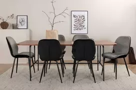 Venture Design Valgomojo stalas ir kėdžių komplektas Uno valgomojo stalas ir Emma kėdės 200x90x74 cm juodos spalvos ir riešuto veliūras