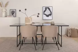 Venture Design Valgomojo stalo ir kėdžių komplektas 200x90x74 cm Juodas stiklas Audinys