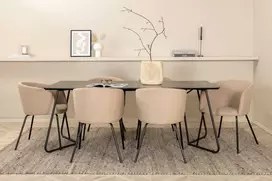 Venture Design Valgomojo stalo ir kėdžių komplektas Petra valgomojo stalas ir Berit kėdė 190x90x75 cm juodas smėlio spalvos geležis audinys
