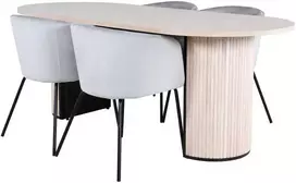 Venture Design Valgomojo stalas ir kėdžių komplektas Bianca ovalus valgomojo stalas ir Berit kėdės 200x90x75 cm balta juoda šviesiai pilka aksomas