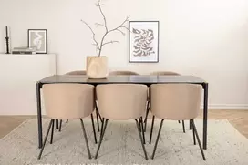 Venture Design Valgomojo stalas ir kėdžių komplektas Pelle valgomojo stalas ir Berit kėdė 190x90x75 cm juoda smėlio spalvos audinys