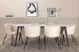 Venture Design Valgomojo stalo ir kėdžių komplektas Jimmy valgomojo stalas ir Berit kėdė 195x90x76 cm juoda balta smėlio spalvos veliūras metalas
