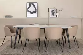Venture Design Valgomojo stalas ir kėdžių komplektas Jimmy valgomojo stalas 195x90x76 cm juodos spalvos audinys